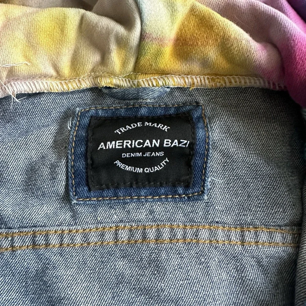 American Bazi Hooded‎ Denim women Jacket With Tie-Dye Trim cropped distressed
